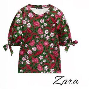 Zara Floral Green and Pink Bubble Sleeve Blouse Sz S NWT